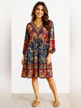 BTFBM Red & Blue Floral V-Neck Boho Dress , Size XL